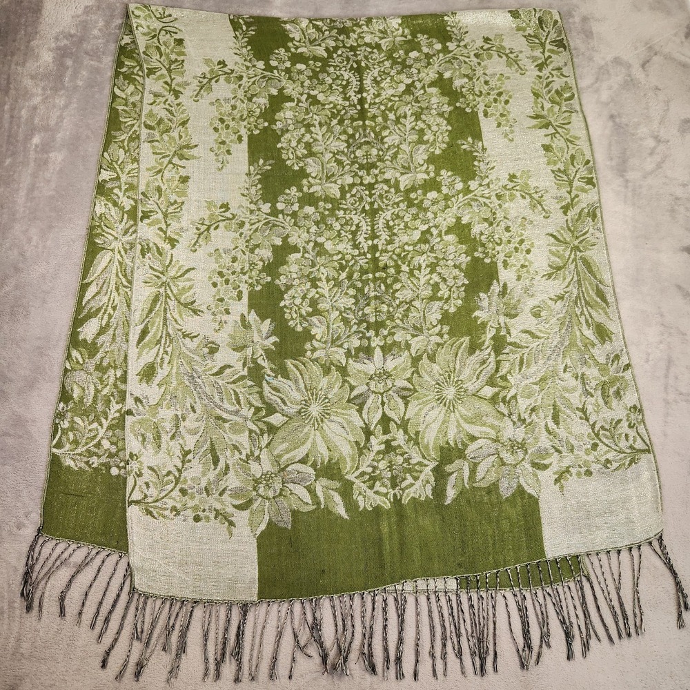 Vintage Green Cream Silver Floral Damask Cotton Woven Fringe Scarf Stole Shawl